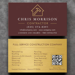 Burgundy Gold Metal Building Construction QR Code Business Card