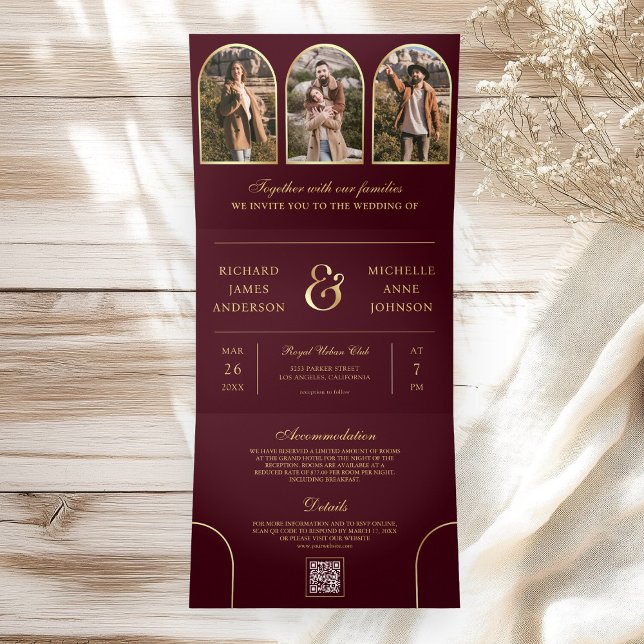 Burgundy Gold Minimal Arch Photo QR code Wedding Tri-Fold Invitation (Creator Uploaded)