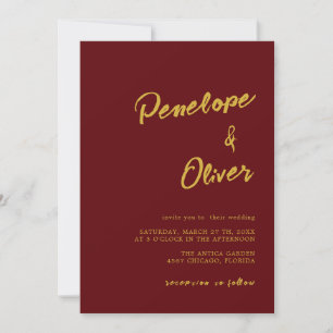 Burgundy Gold Minimal Modern Calligraphy Wedding Invitation