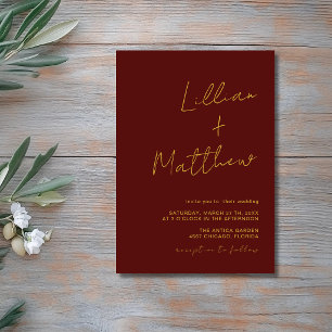 Burgundy Gold Minimal Modern Calligraphy Wedding Invitation