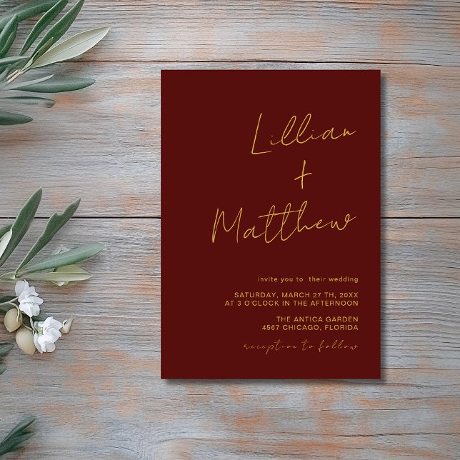 Burgundy Gold Minimal Modern Calligraphy Wedding Invitation (Creator Uploaded)