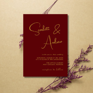 Burgundy Gold Minimal Modern Calligraphy Wedding Invitation