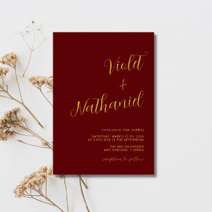 Burgundy Gold Minimal Modern Calligraphy Wedding Invitation