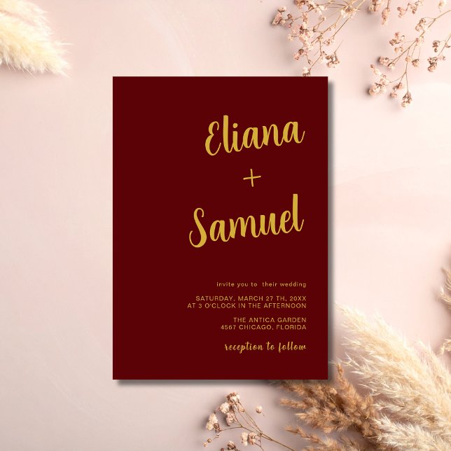 Burgundy Gold Minimal Modern Calligraphy Wedding Invitation (Creator Uploaded)
