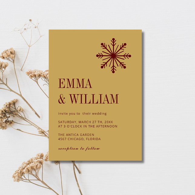 Burgundy & Gold Minimalist Snowflake Wedding Invitation (Creator Uploaded)