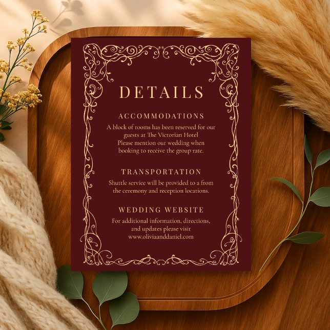 Burgundy Gold Minimalist Wedding Details Invitation (Creator Uploaded)