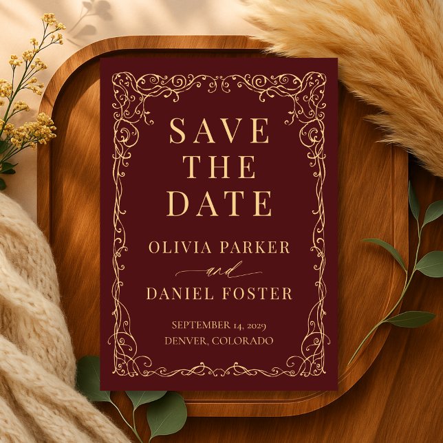 Burgundy Gold Minimalist Wedding Save the Date (Creator Uploaded)