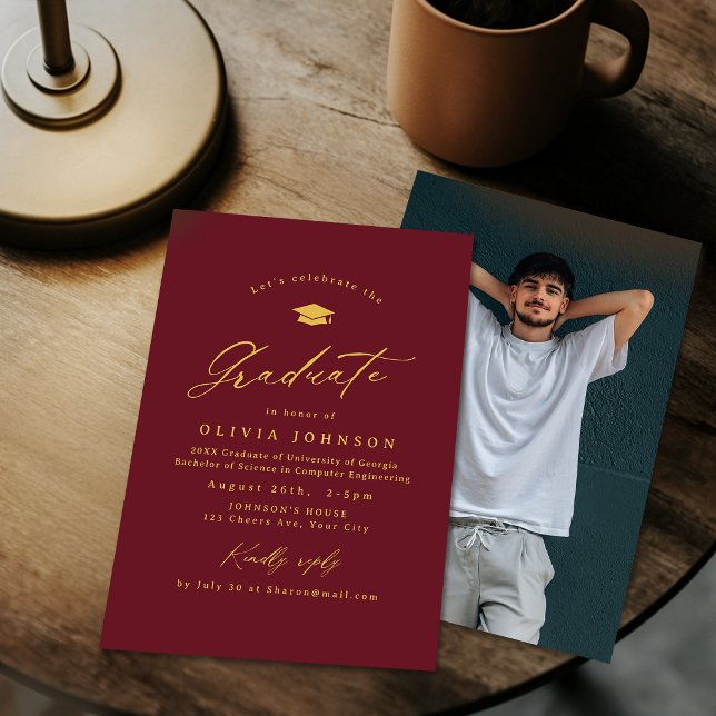 Burgundy Gold Modern Calligraphy Photo Graduation Invitation (Burgundy Gold Modern Calligraphy Photo Graduation Invitation)