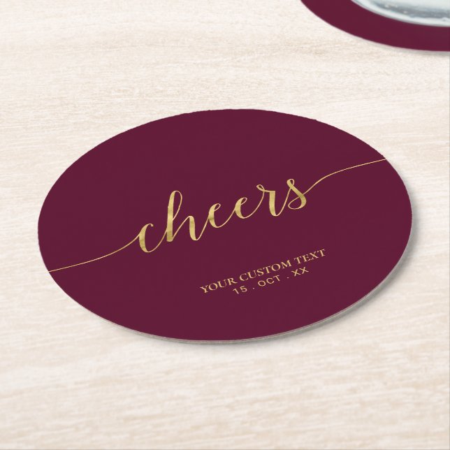 Burgundy & Gold Modern Lettering Cheers Party Round Paper Coaster (Angled)