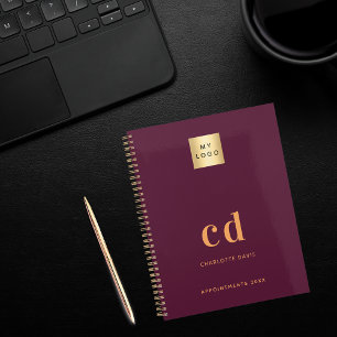 Burgundy gold monogram initials business logo notebook