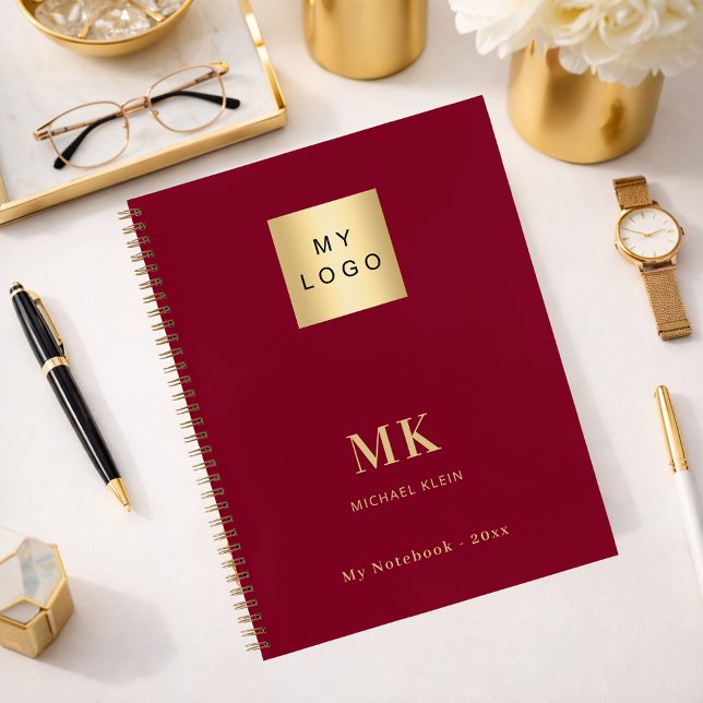 Burgundy gold monogram initials business notebook (Creator Uploaded)