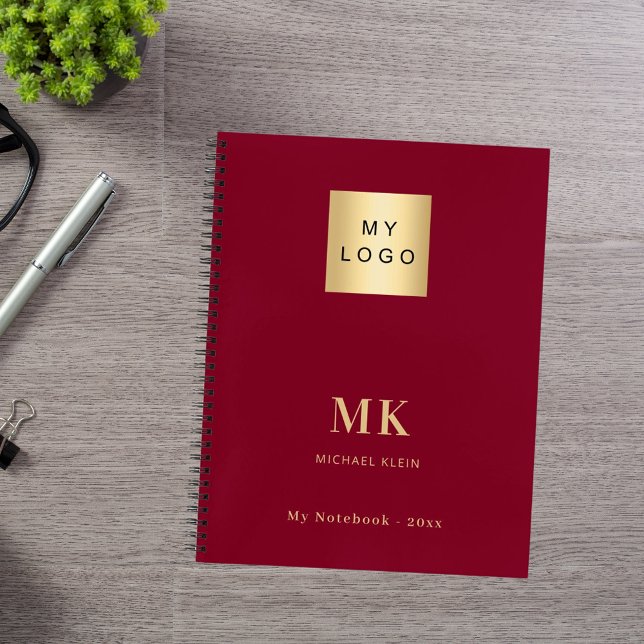 Burgundy gold monogram initials business notebook (Creator Uploaded)