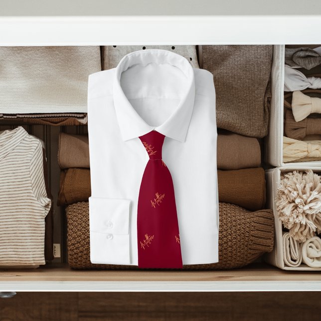 Burgundy gold name pattern modern script tie (Creator Uploaded)
