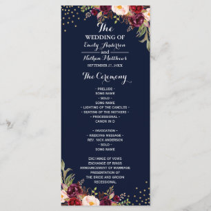 Burgundy Gold Navy Confetti Floral Wedding Program Programme