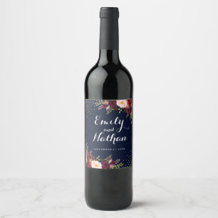 Burgundy Gold Navy Floral Fall Wedding Wine Label