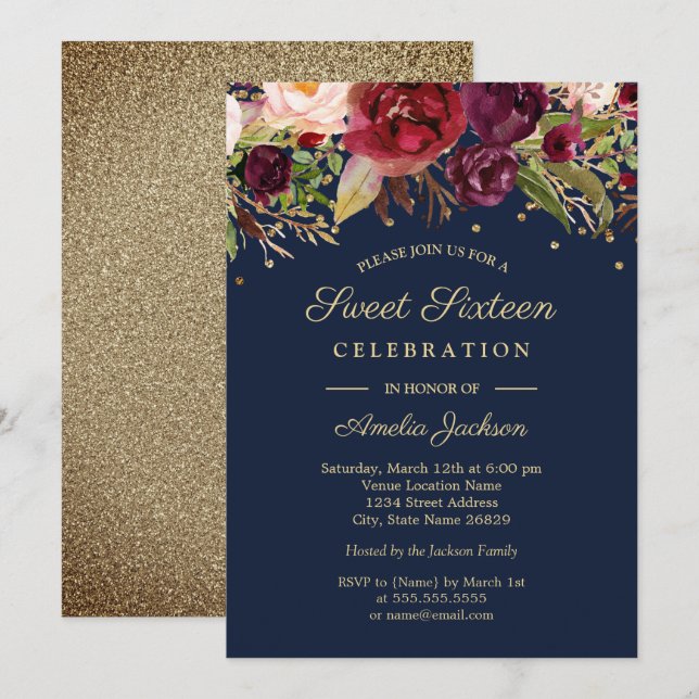 Burgundy Gold Navy Floral Watercolor Sweet Sixteen Invitation (Front/Back)