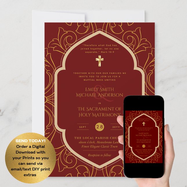 Burgundy Gold Ornate Catholic Nuptial Mass Wedding Invitation (Creator Uploaded)