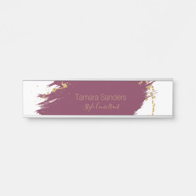 Burgundy Gold Paint Strokes - Hanging Name Plate (Front)