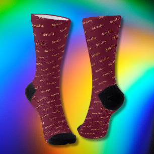 Burgundy Gold Personalised Name Socks Custom Text