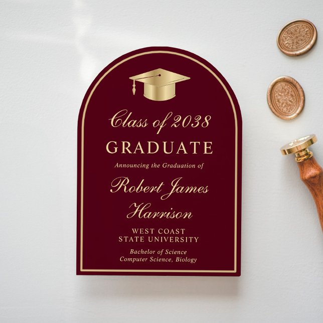 Burgundy Gold Photo Arch Graduation Announcement (Share the pride and excitement of your graduate's achievement with friends and family near and far)