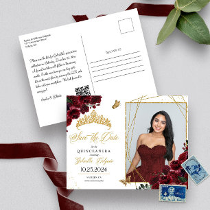 Burgundy Gold Photo Card Quinceañera Save The Date