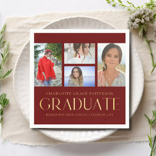 Burgundy Gold Photo Collage Graduation Party Napkin
