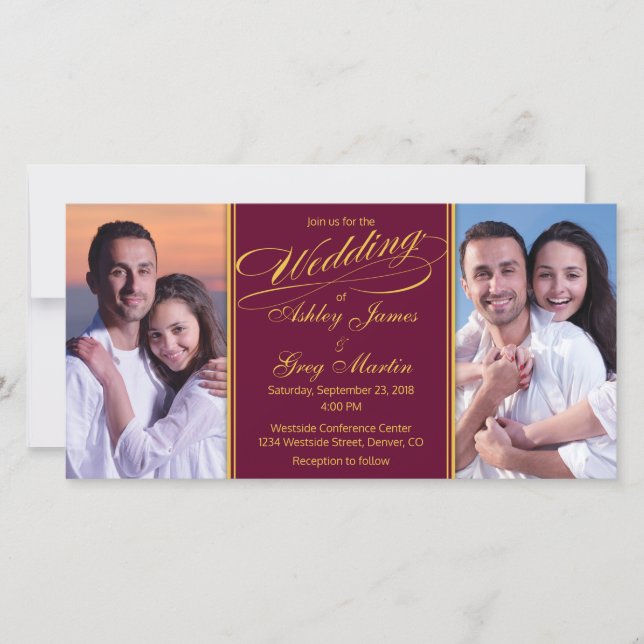 Burgundy Gold Photo Collage Wedding Invitation (Front)