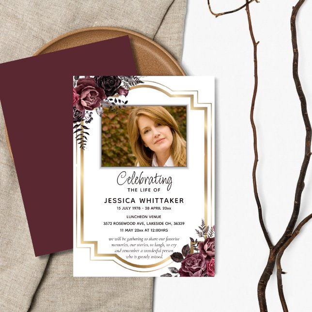 Burgundy & Gold Photo Floral Celebration of Life Invitation (Creator Uploaded)