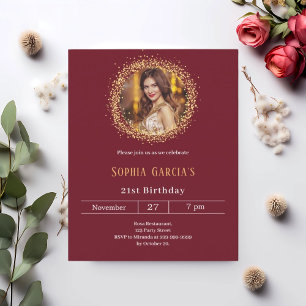 Burgundy gold photo glitter birthday invitation