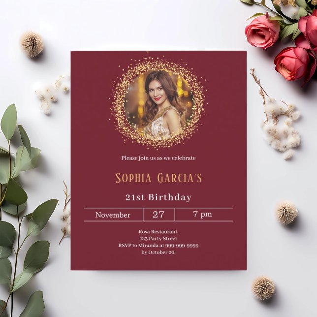Burgundy gold photo glitter birthday invitation (Creator Uploaded)