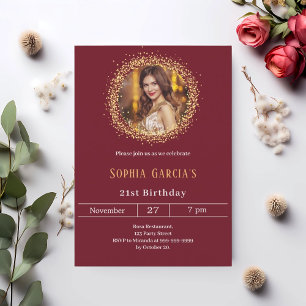 Burgundy gold photo glitter birthday invitation