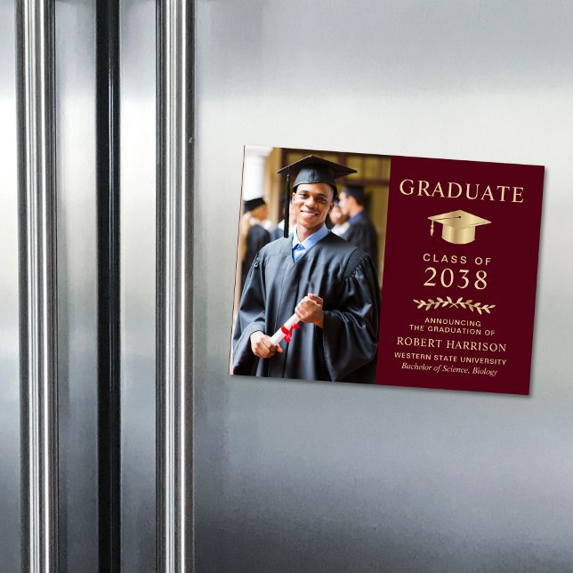 Burgundy Gold Photo Graduation Announcement (An elegant college graduation announcement magnet to celebrate the graduate's achievements)
