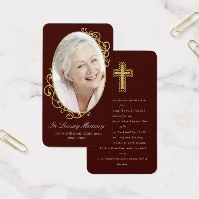 Burgundy Gold Photo Memorial Funeral Prayer Card (Office)