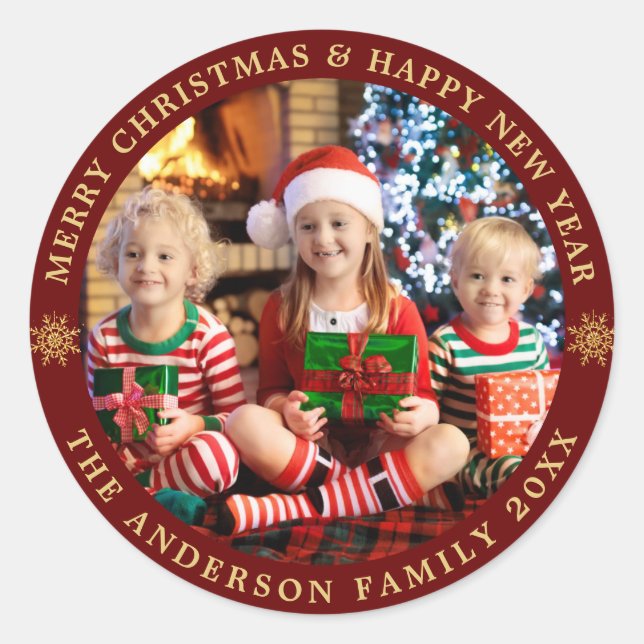Burgundy Gold Photo Merry Christmas Holiday PHOTO Classic Round Sticker (Front)