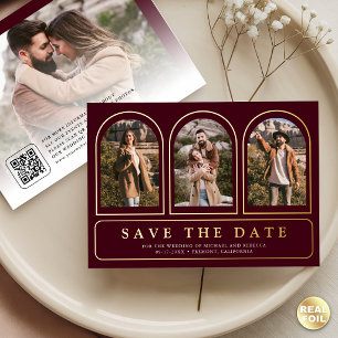 Burgundy Gold Photo QR Code Wedding Save the Date