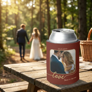 Burgundy Gold Photo Wedding Can Cooler