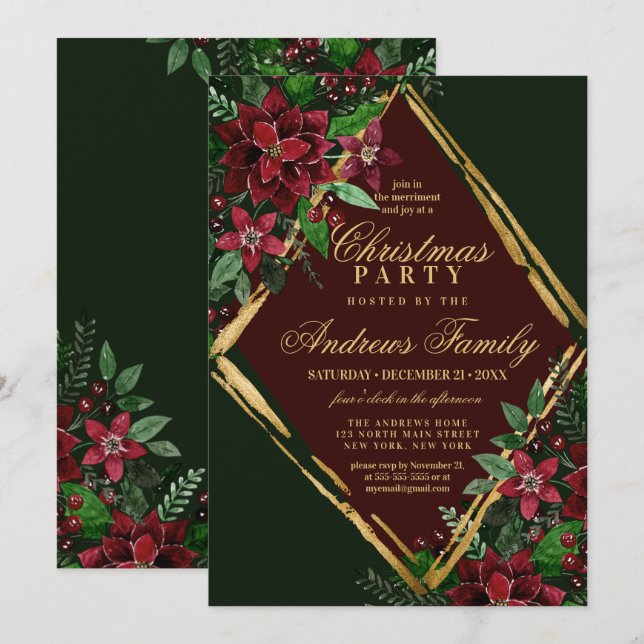 Burgundy Gold Poinsettia Floral Christmas Party Invitation (Front/Back)