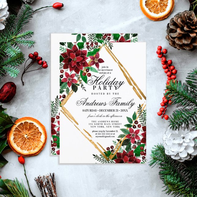 Burgundy Gold Poinsettia Floral Holiday Party Invitation (Creator Uploaded)
