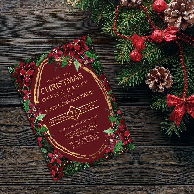 Burgundy Gold Poinsettia Ivy Corporate Christmas Invitation (Creator Uploaded)