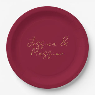 Burgundy Gold Professional Trendy Minimalist Names Paper Plate