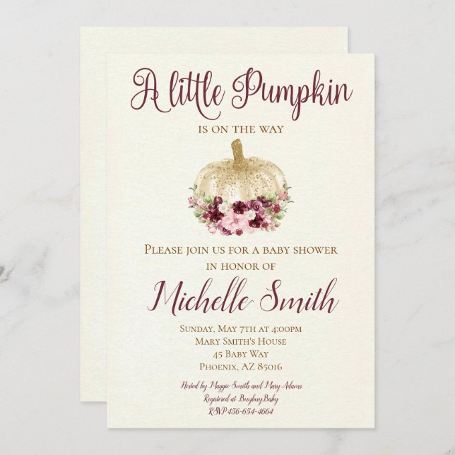 Burgundy Gold Pumpkin Boho Baby Shower Invitation (Front/Back)