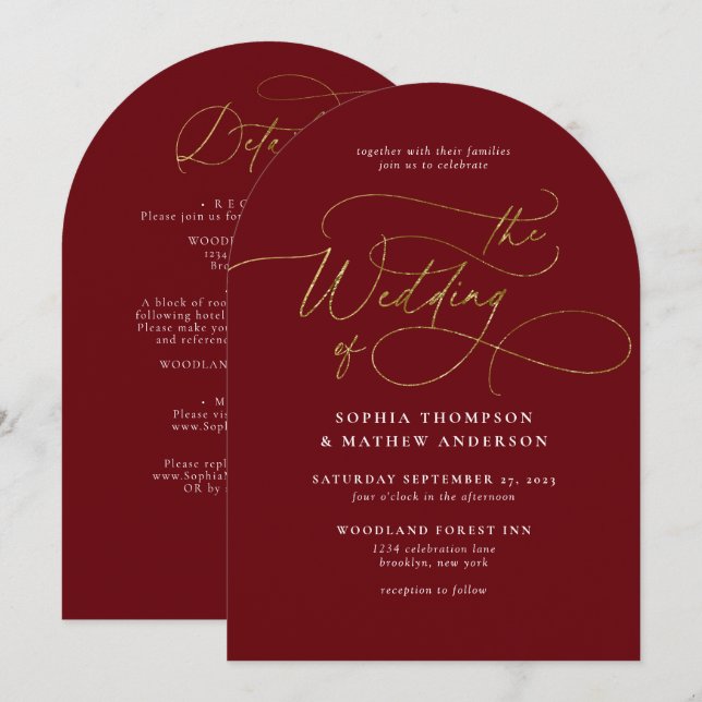 Burgundy Gold QR Code All in one Arch Wedding Invitation (Front/Back)