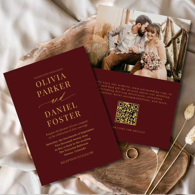 Burgundy Gold QR Code Classic Photo Wedding Invitation (Creator Uploaded)