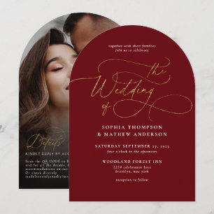 Burgundy Gold QR Code Rsvp All in one Arch Wedding Invitation