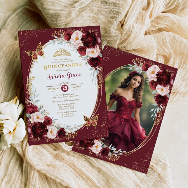 Burgundy Gold Quinceañera Flowers Butterfly Photo Invitation (Creator Uploaded)