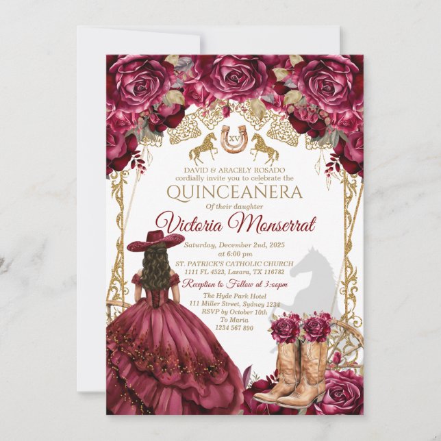 Burgundy Gold Quinceañera Invitation (Front)