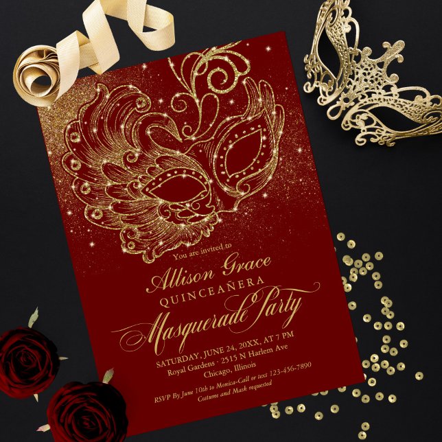 Burgundy Gold Quinceanera Masquerade Invitation (Creator Uploaded)