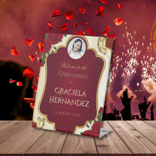 Burgundy & Gold Quinceañera Photo Elegant Pedestal Sign