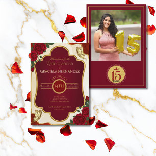 Burgundy & Gold Quinceañera Photo Invitation