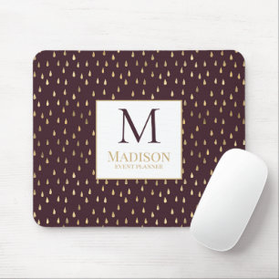 Burgundy Gold Raindrop Modern Trendy Monogram Mouse Pad